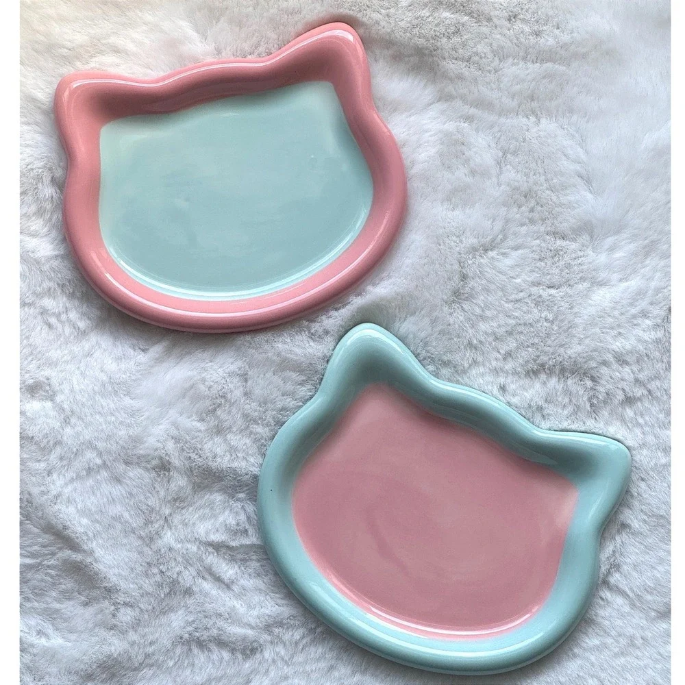 New Small Ceramic Cat Plate Whisker Fatigue Friendly‎ Pastel Pink Blue Pet Dish